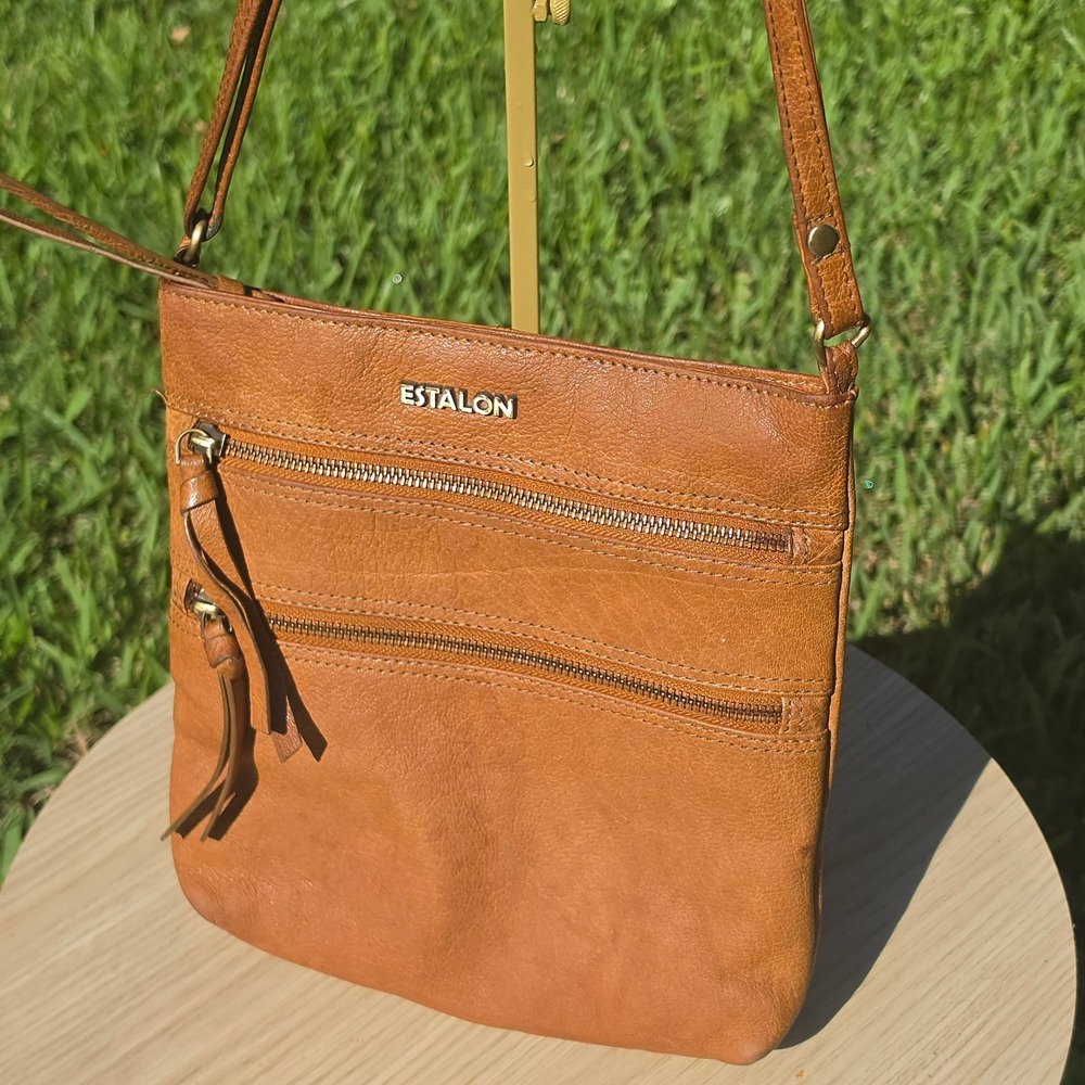 Estalon Cognac Brown Leather Crossbody Bag Slim Multi-Zip Floral Lining Purse